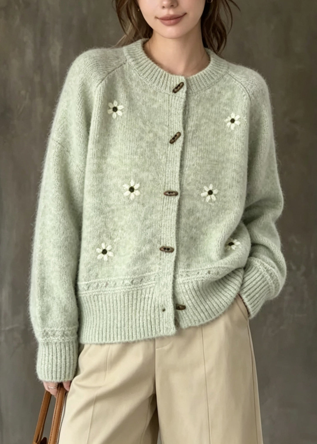 Classy Green O Neck Embroidered Knit Cardigans Fall