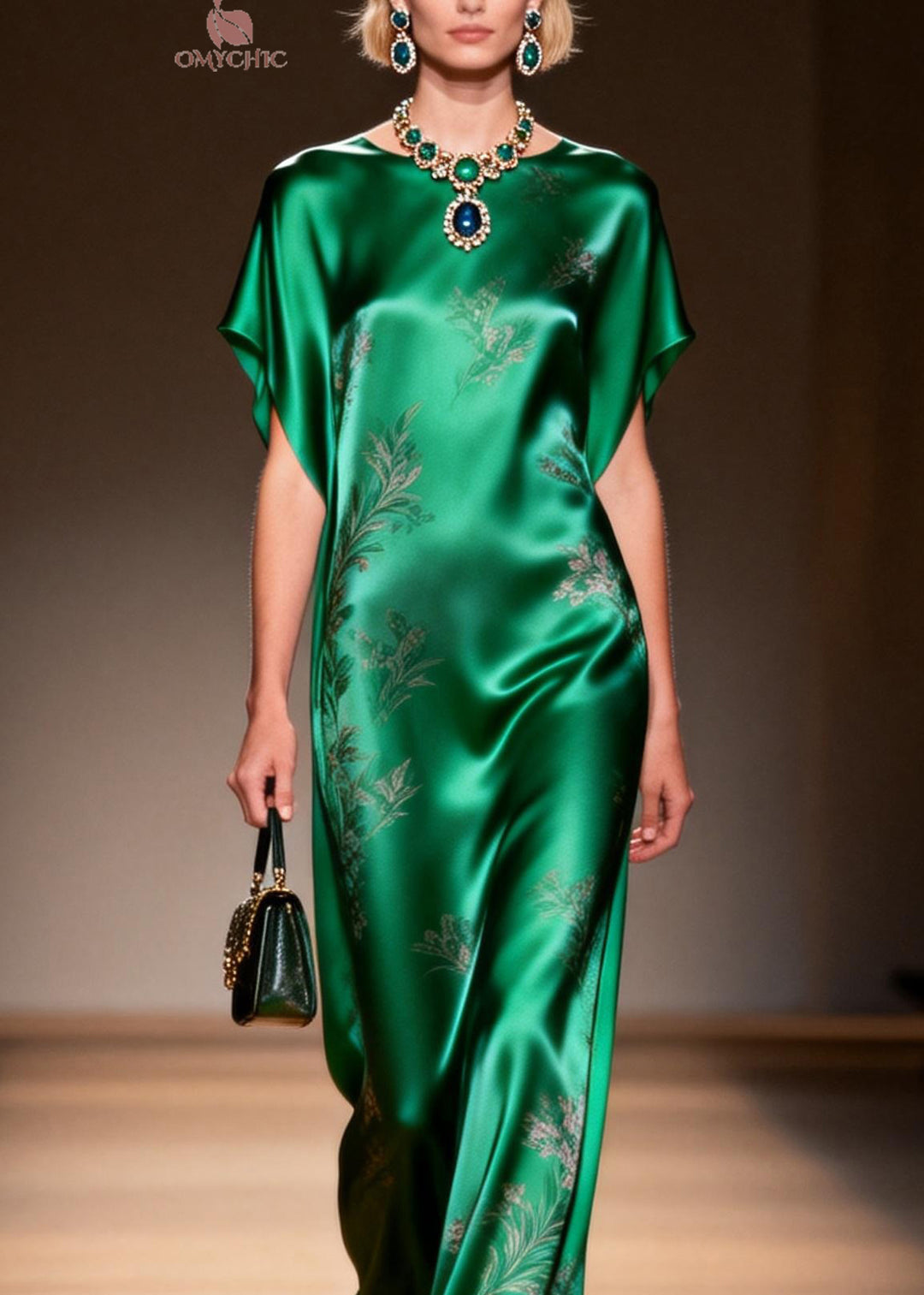Classy Green O Neck Jacquard Silk Long Dress Summer