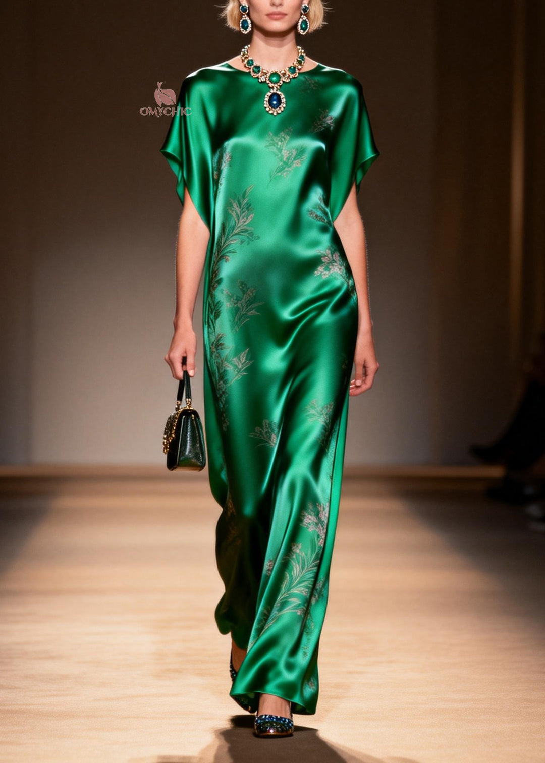 Classy Green O Neck Jacquard Silk Long Dress Summer