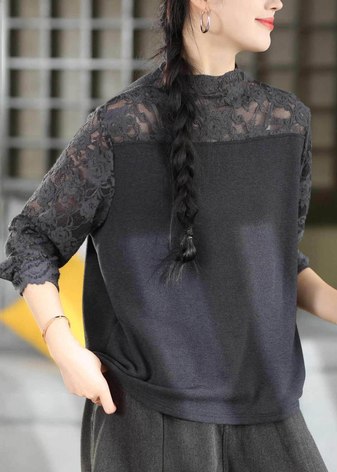 Classy Green O-Neck Lace Patchwork Tops Long Sleeve