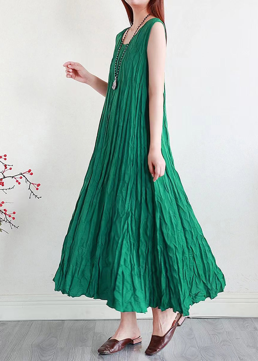 Classy Green O Neck Wrinkled Silk Linen Dresses Sleeveless