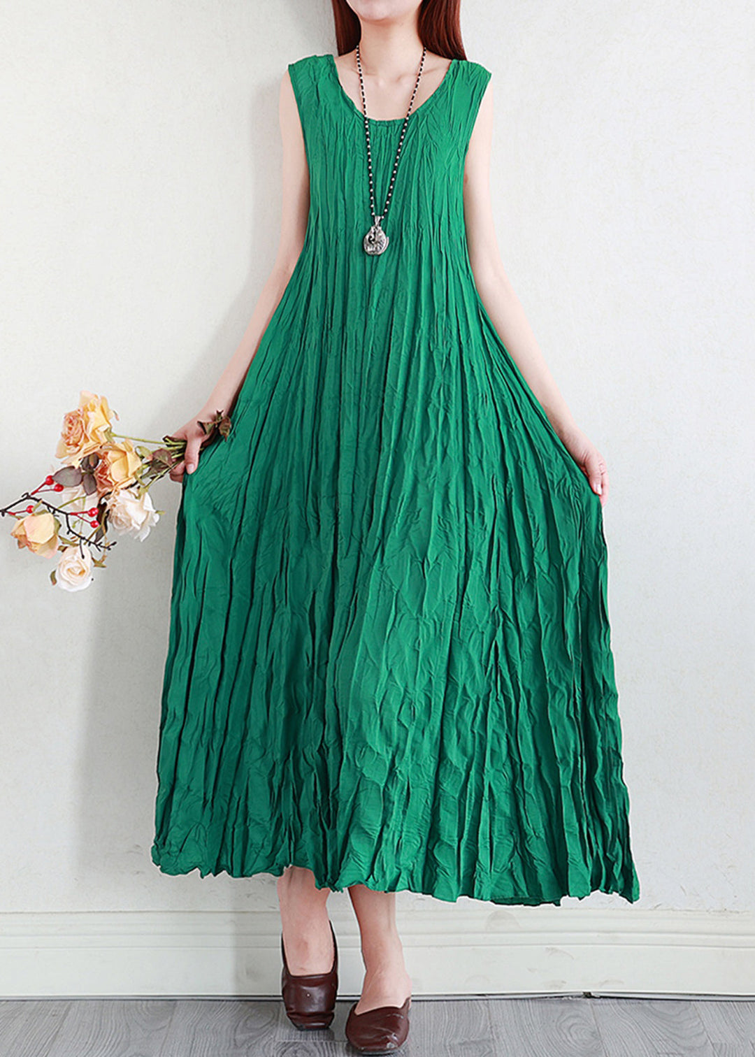 Classy Green O Neck Wrinkled Silk Linen Dresses Sleeveless