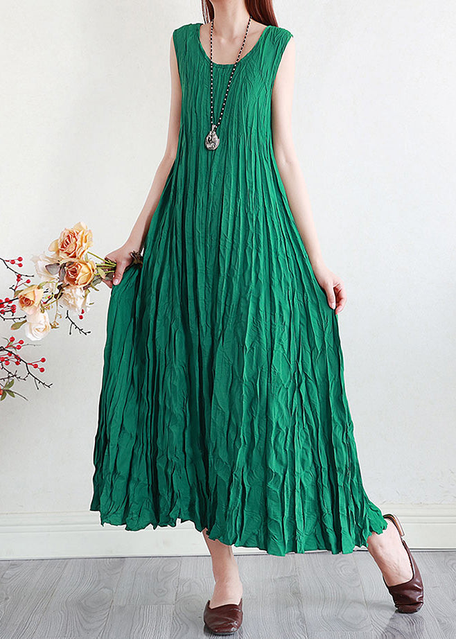 Classy Green O Neck Wrinkled Silk Linen Dresses Sleeveless