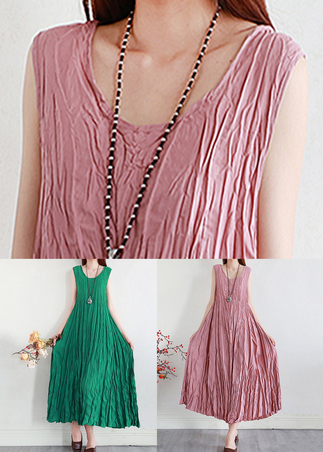 Classy Green O Neck Wrinkled Silk Linen Dresses Sleeveless