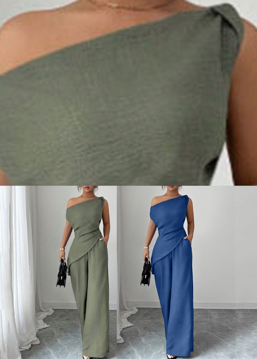 Classy Green One Shoulder Top And Wide Leg Pants Long Dresses Summer