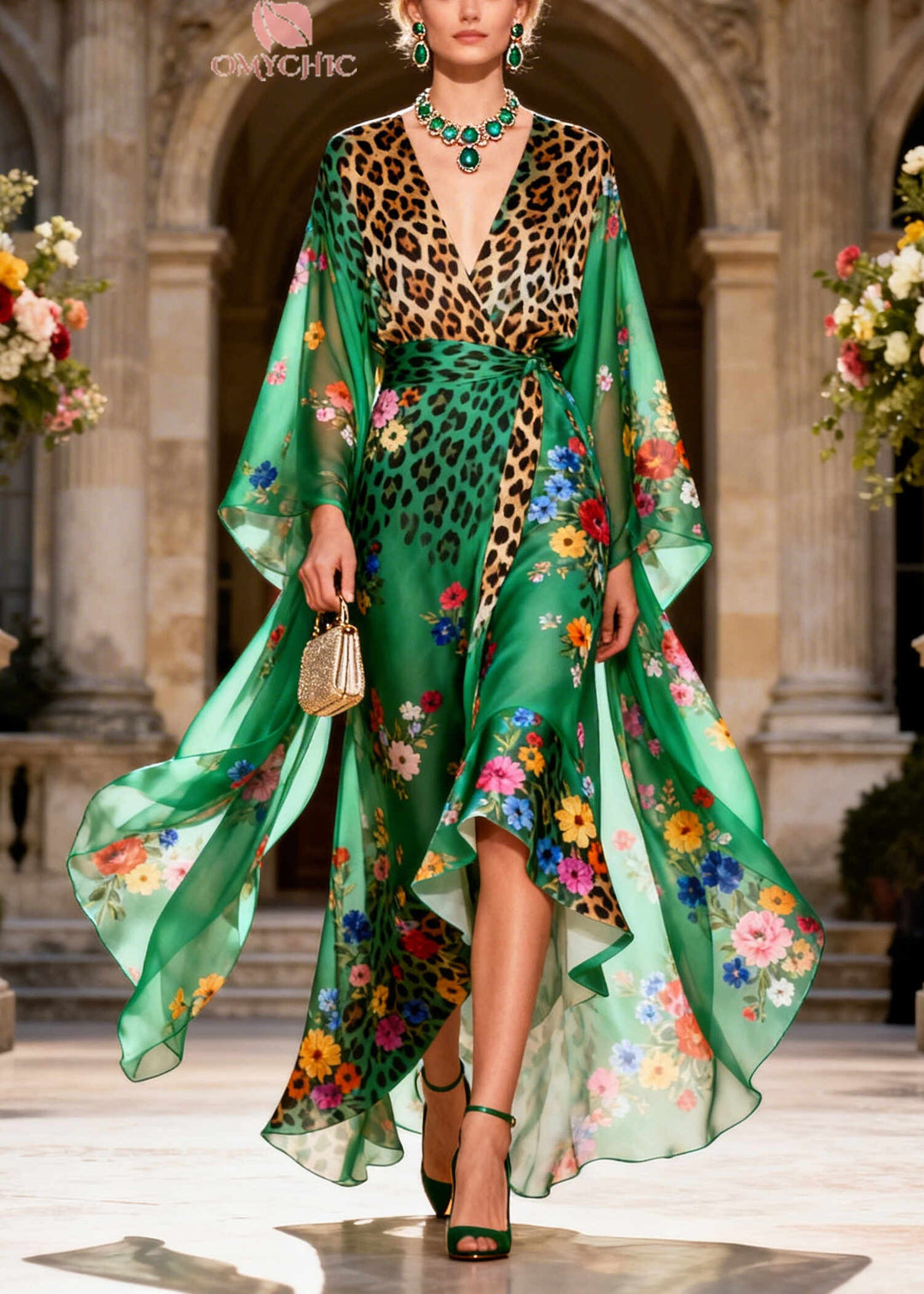 Classy Green Print Low High Design Chiffon Holiday Dress Summer