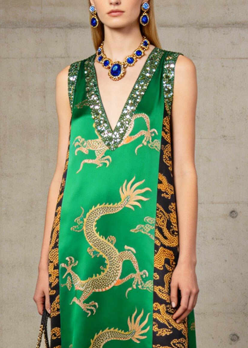 Classy Green Sequins Fringe Trim Print Silk Maxi Dresses Summer