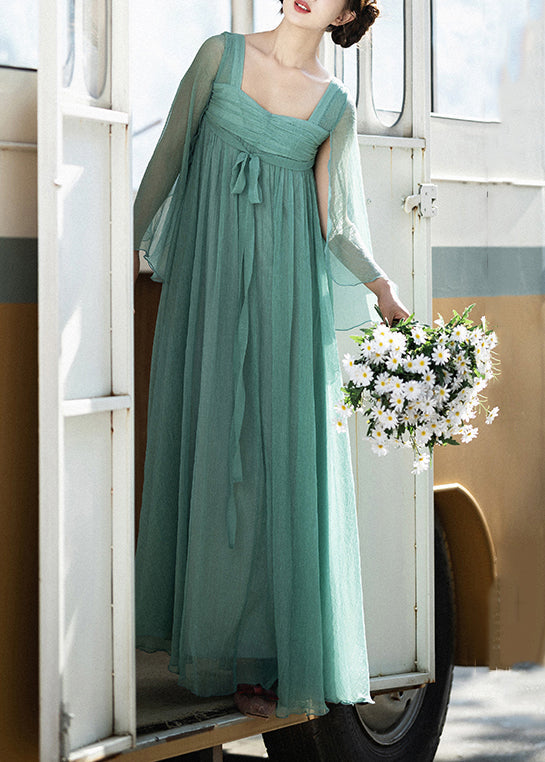 Classy Green Square Collar Wrinkled Lace Up Chiffon Dresses Summer