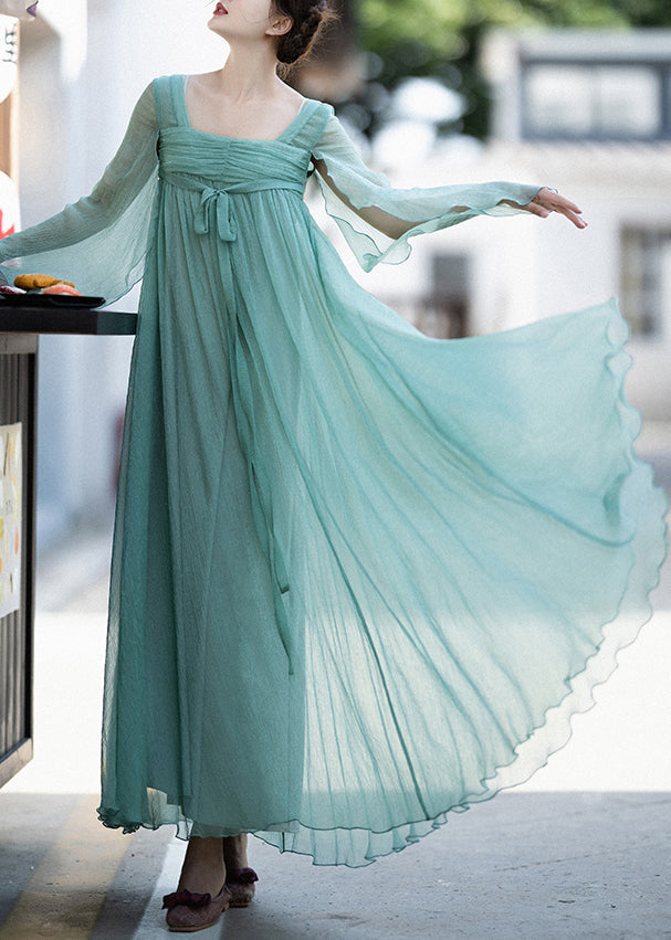 Classy Green Square Collar Wrinkled Lace Up Chiffon Dresses Summer