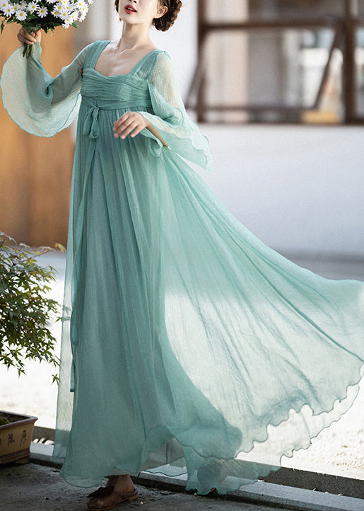 Classy Green Square Collar Wrinkled Lace Up Chiffon Dresses Summer
