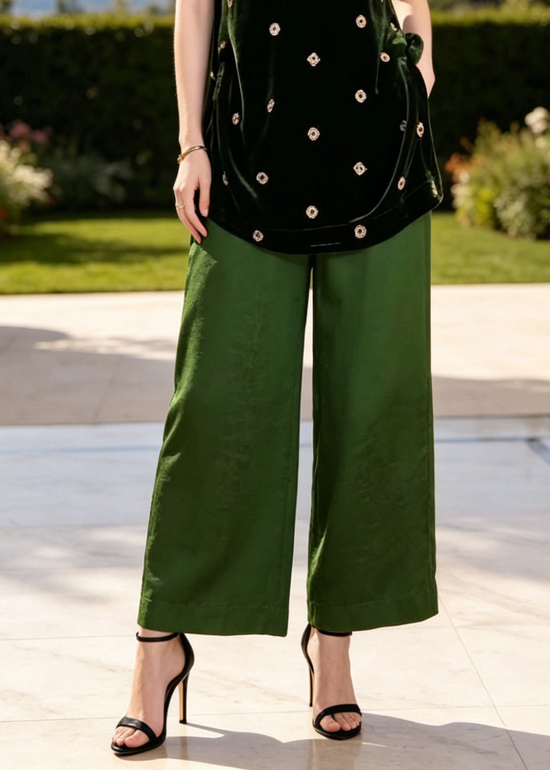 Classy Green Stand Collar Print Silk Two Piece Set Women Clothing Summer