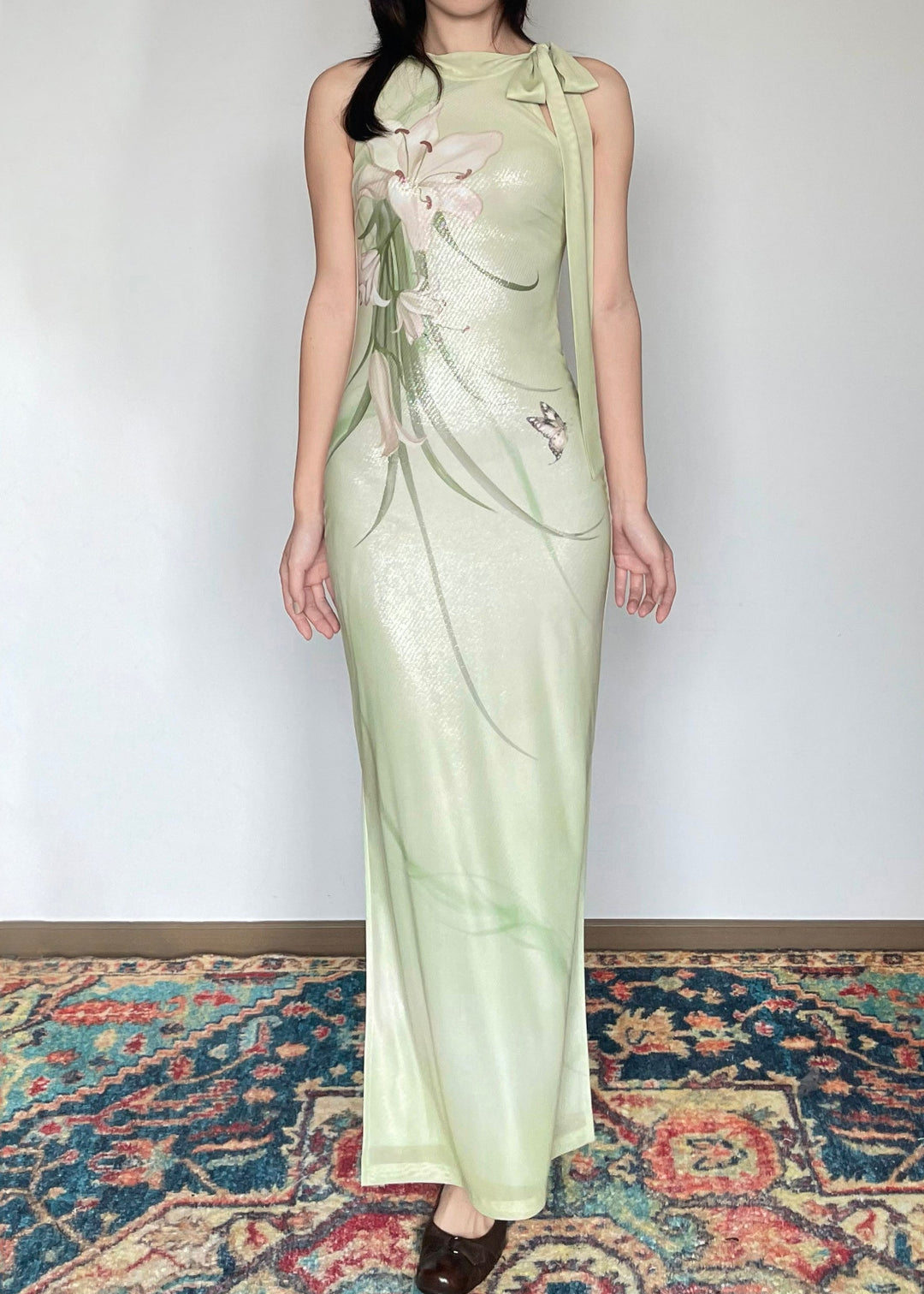 Classy Green Tie Lace Print Long Dresses Sleeveless