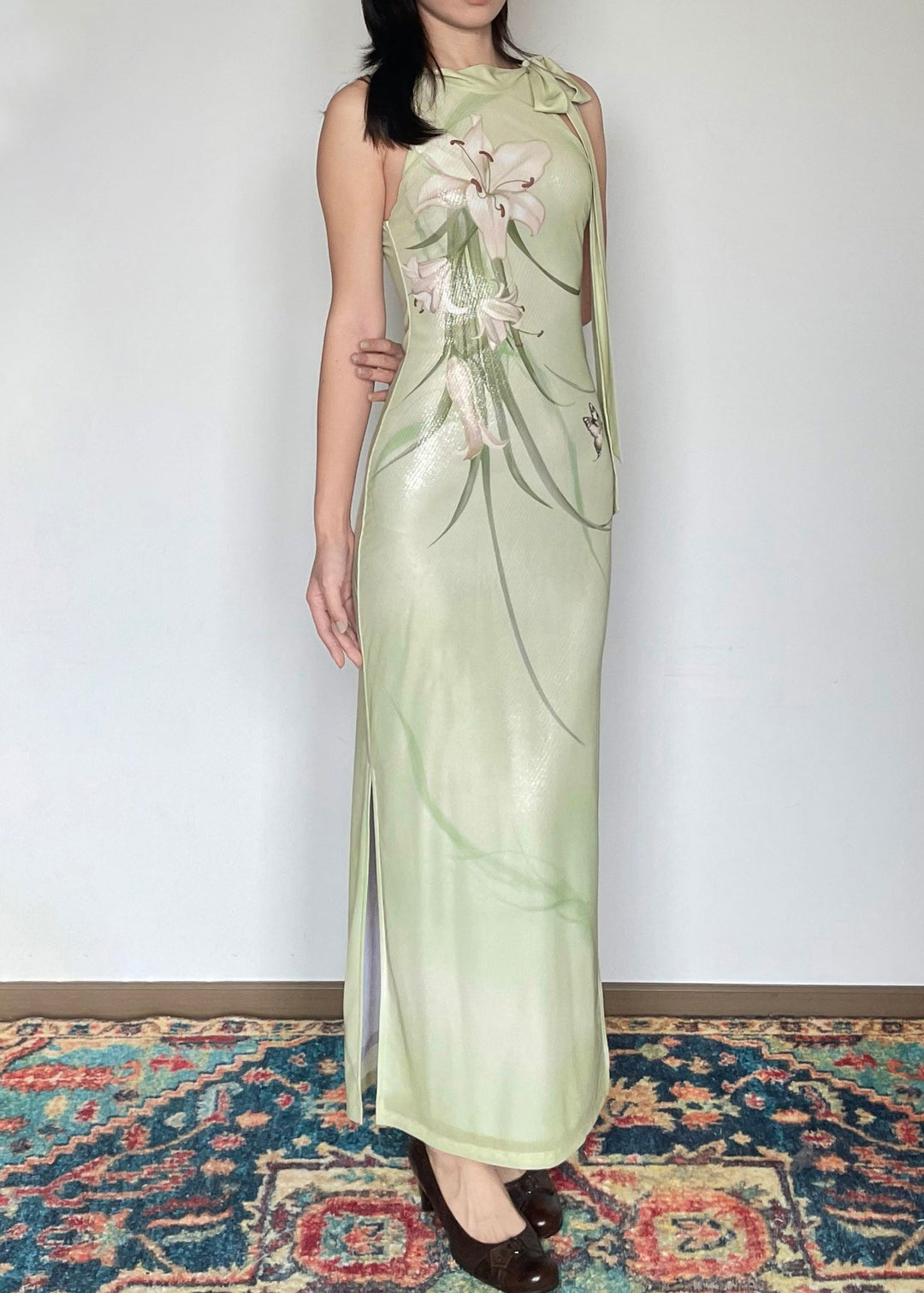 Classy Green Tie Lace Print Long Dresses Sleeveless