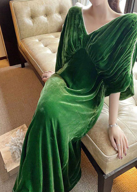 Classy Green V Neck Nail Bead Patchwork Silk Velvet Maxi Dress Fall