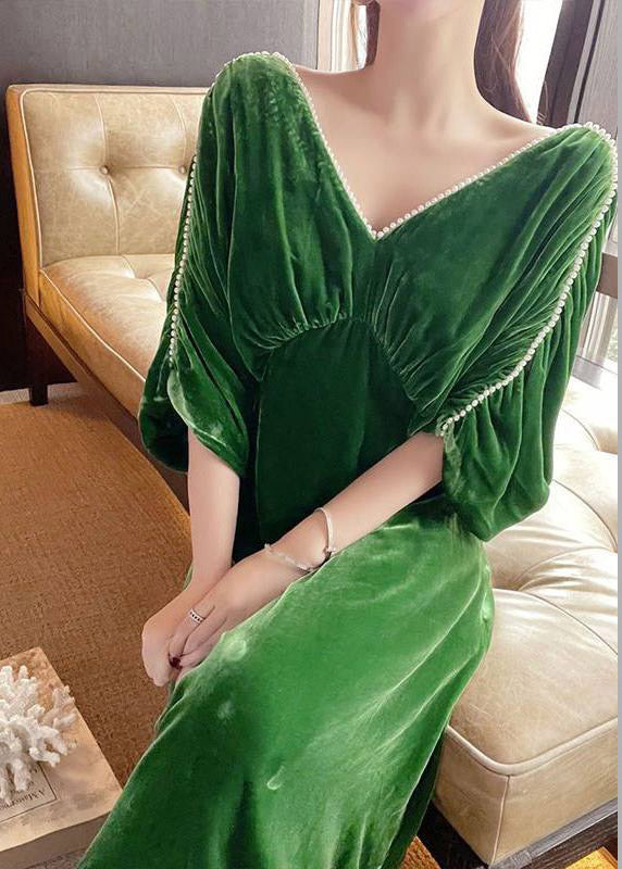 Classy Green V Neck Nail Bead Patchwork Silk Velvet Maxi Dress Fall