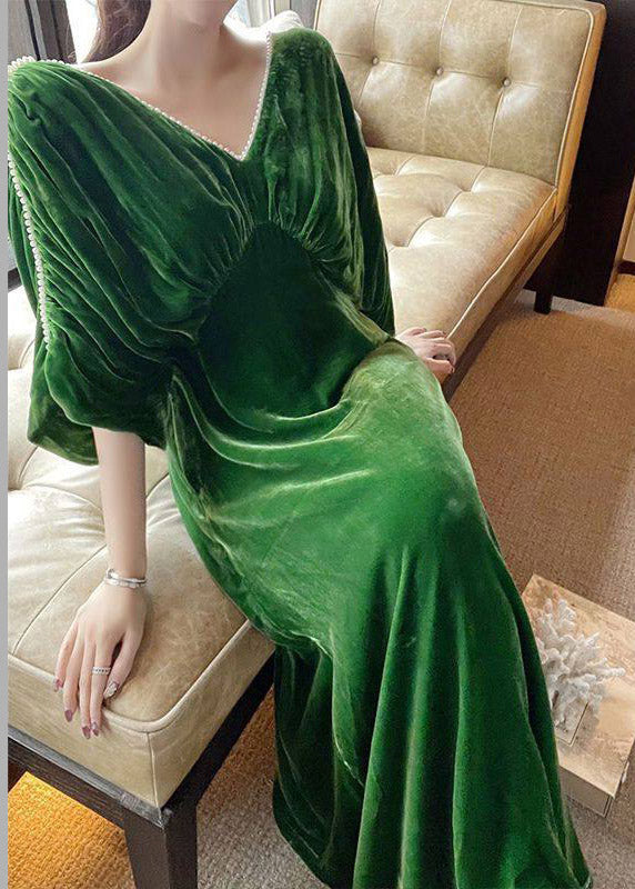 Classy Green V Neck Nail Bead Patchwork Silk Velvet Maxi Dress Fall