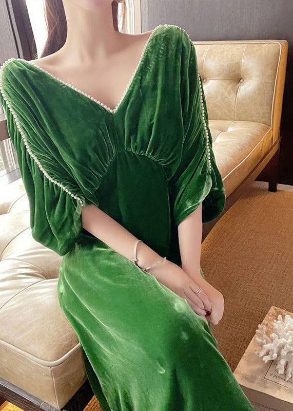 Classy Green V Neck Nail Bead Patchwork Silk Velvet Maxi Dress Fall