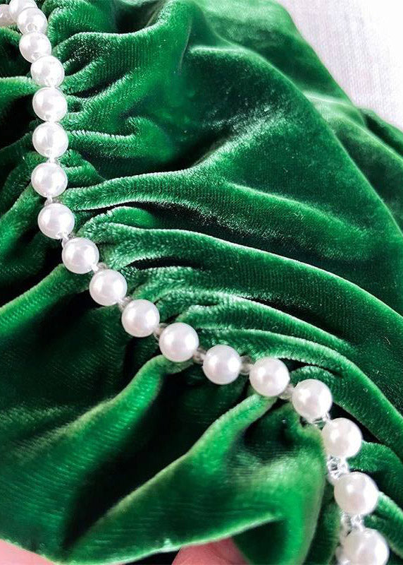 Classy Green V Neck Nail Bead Patchwork Silk Velvet Maxi Dress Fall