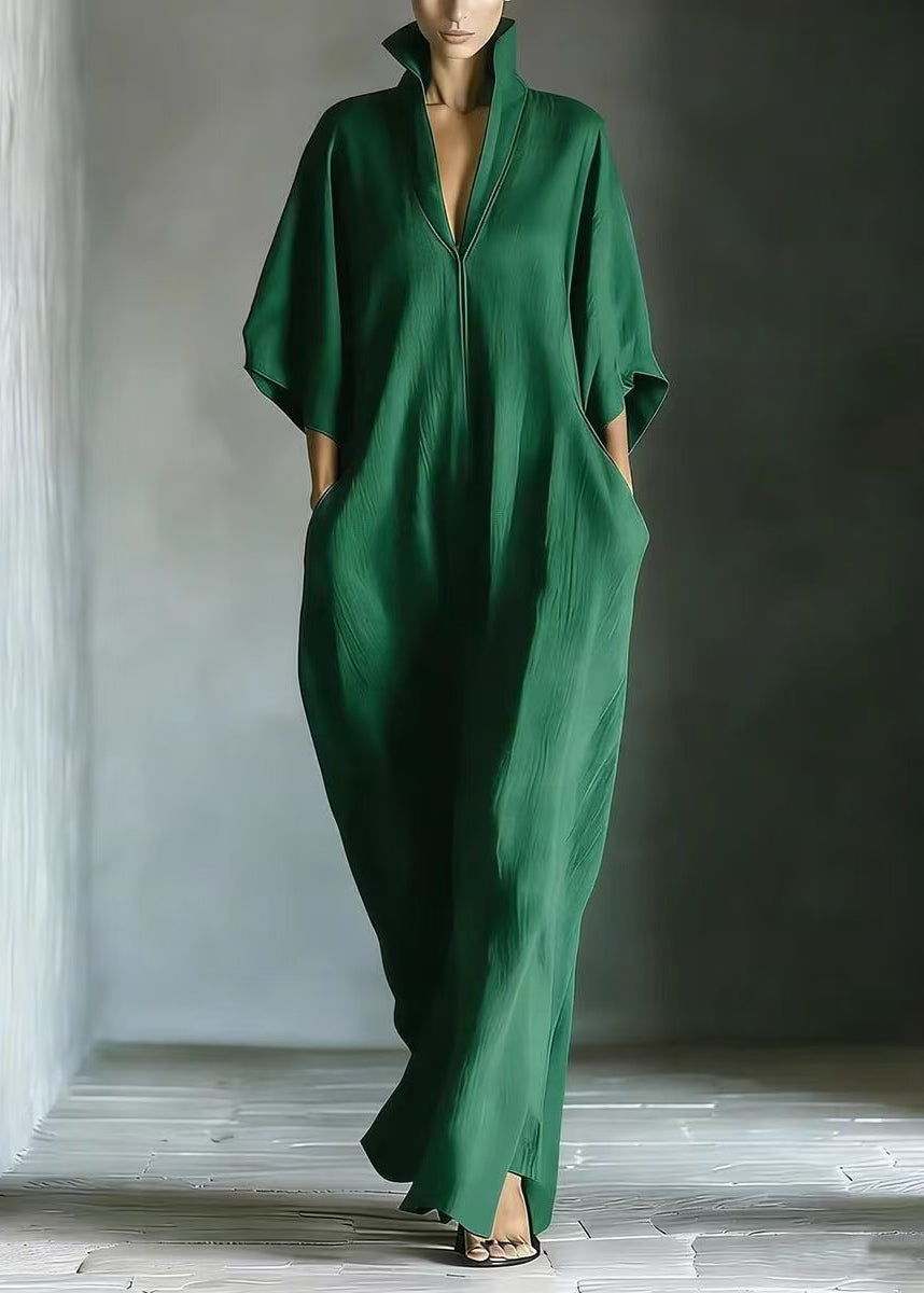 Classy Green V Neck Oversized Cotton Maxi Dresses Half Sleeve