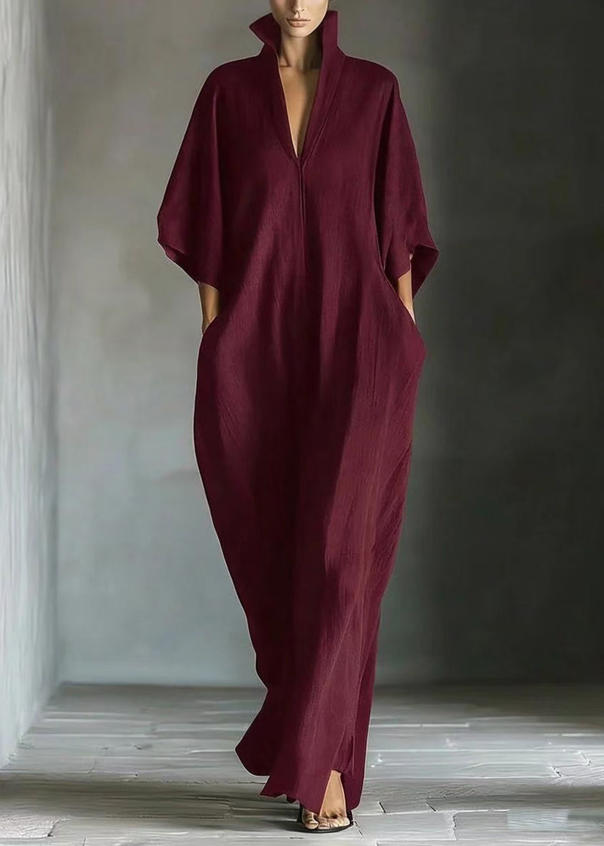 Classy Green V Neck Oversized Cotton Maxi Dresses Half Sleeve