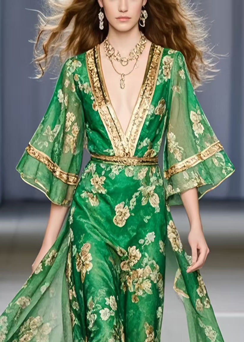 Classy Green V Neck Print Chiffon Vacation Dress Summer