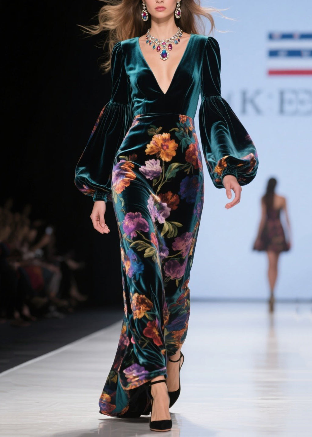 Classy Green V Neck Print Velvet Robe Dresses Lantern Sleeve