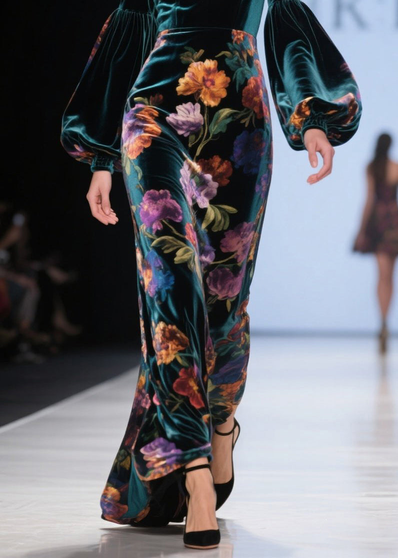 Classy Green V Neck Print Velvet Robe Dresses Lantern Sleeve