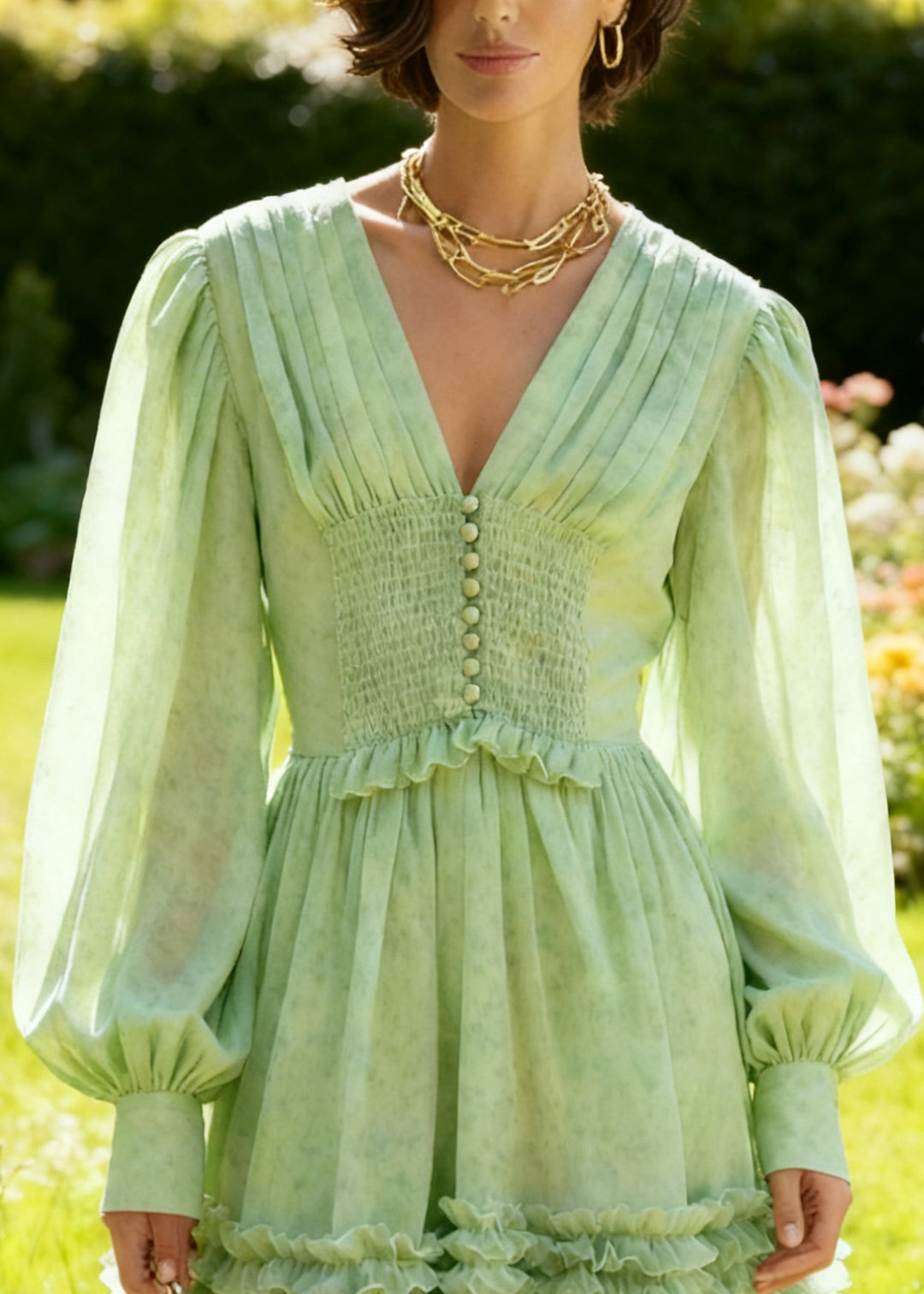 Classy Green V Neck Ruffled Chiffon Mid Dress Spring