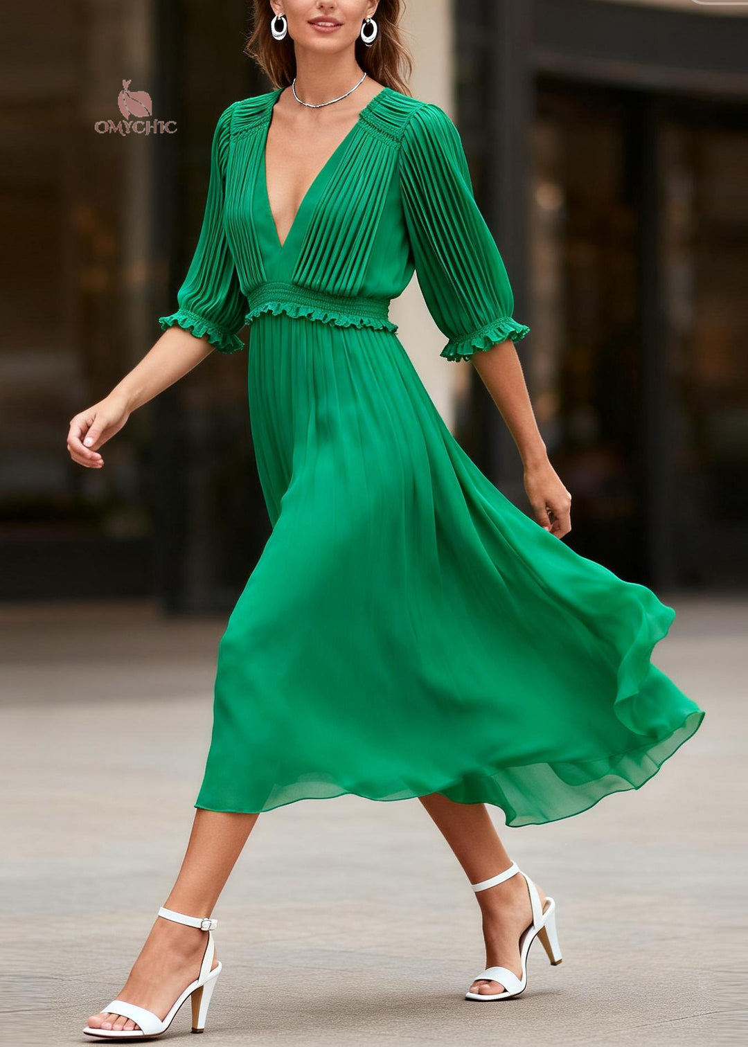 Classy Green V Neck Ruffled Patchwork Chiffon Dress Summer
