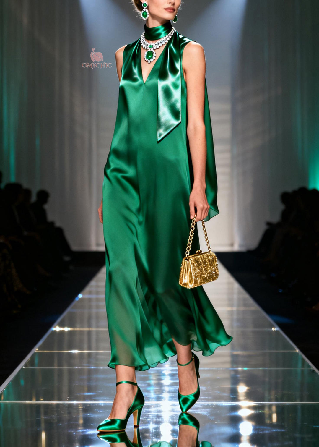 Classy Green V Neck Silk Long Dresses Sleeveless