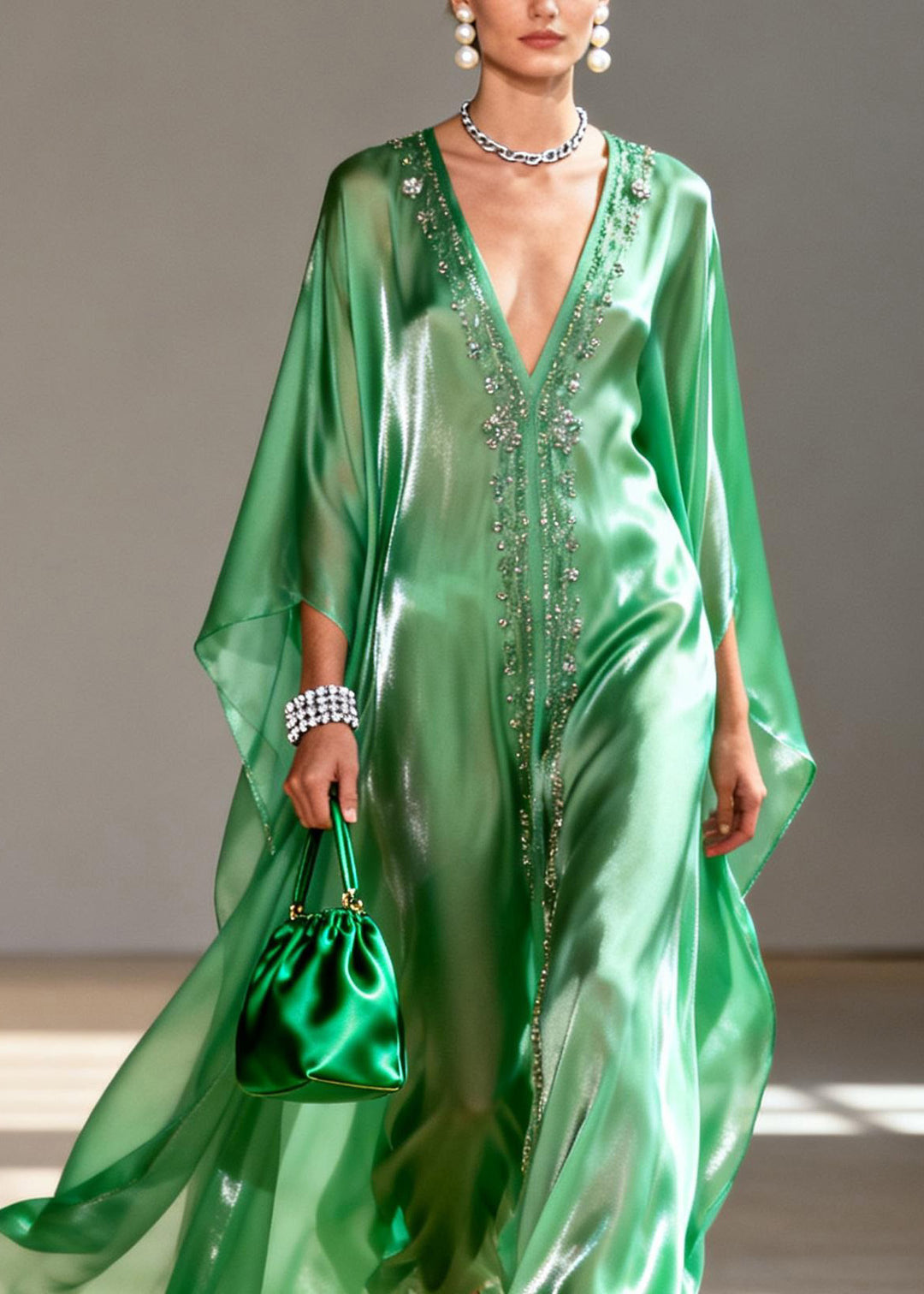 Classy Green V Neck Zircon Chiffon Maxi Dresses Spring