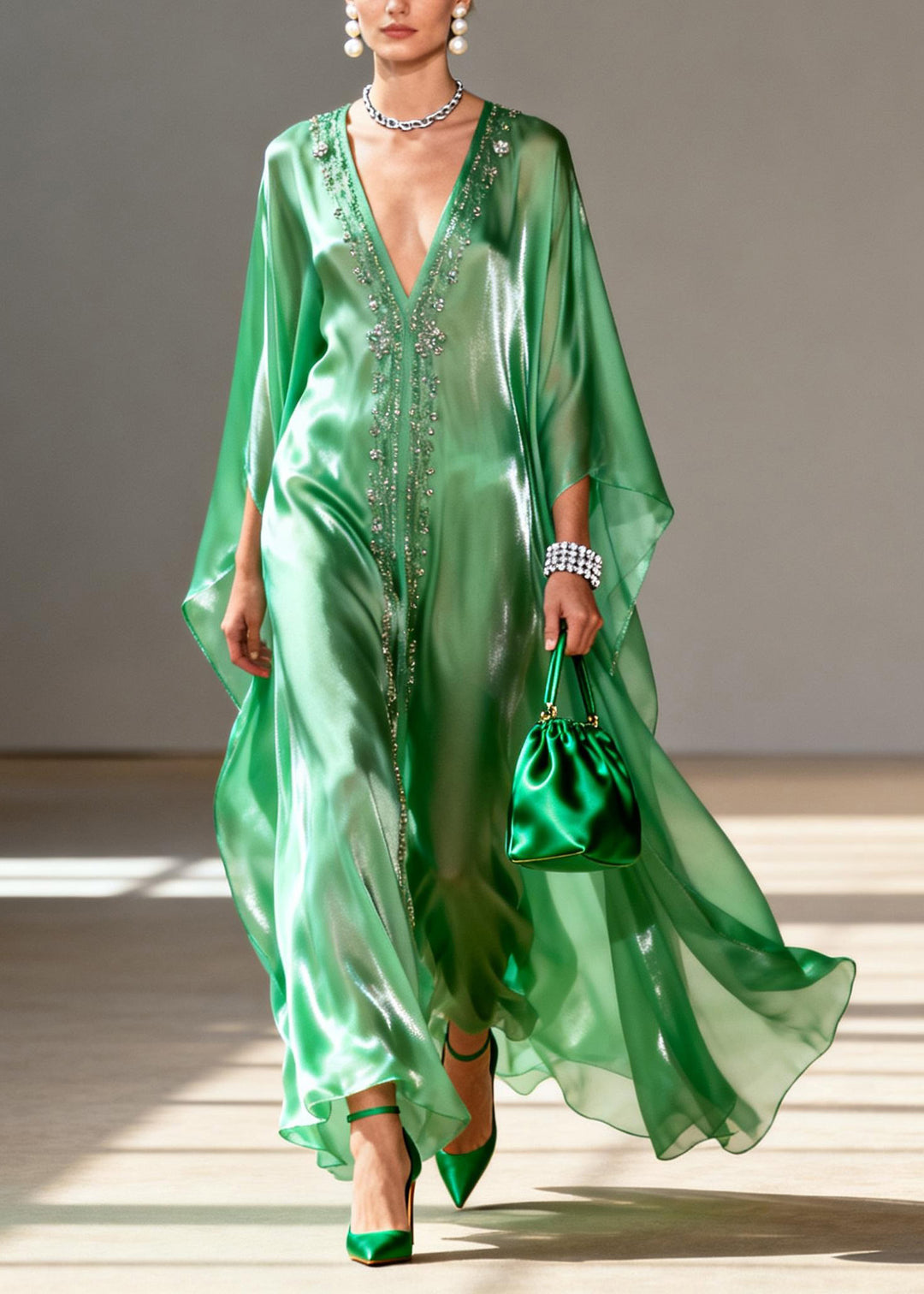 Classy Green V Neck Zircon Chiffon Maxi Dresses Spring