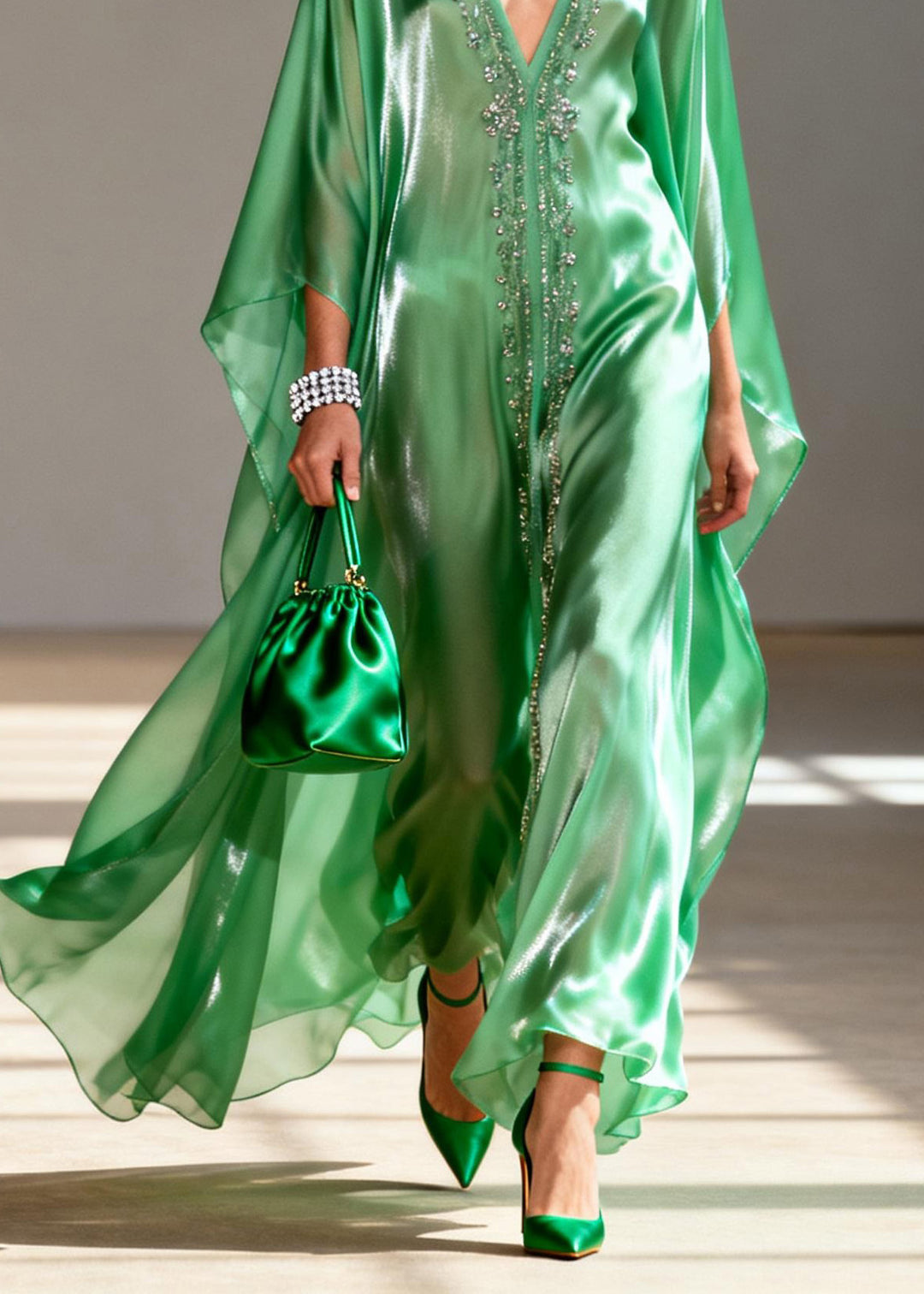 Classy Green V Neck Zircon Chiffon Maxi Dresses Spring