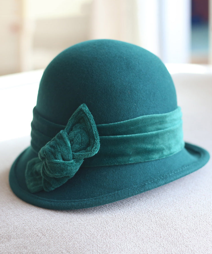 Classy Green Velvet Bow Woolen Bucket Hat