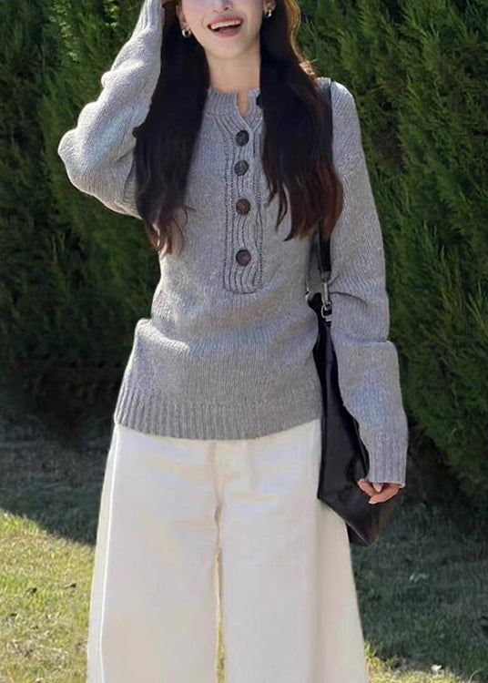 Classy Grey Button Cozy Knit Sweater Tops Fall