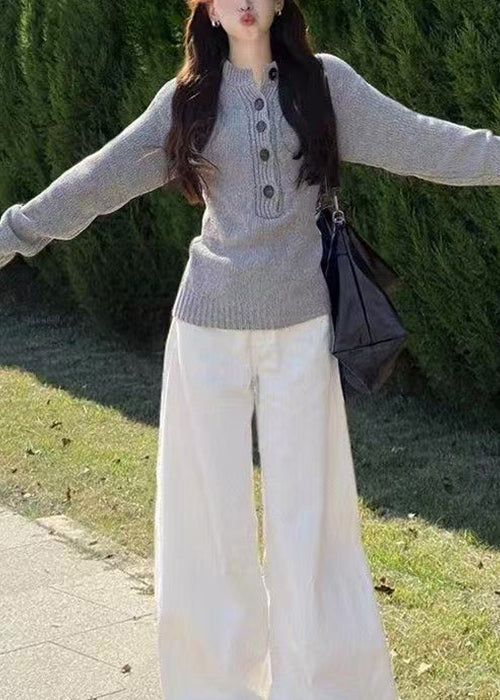 Classy Grey Button Cozy Knit Sweater Tops Fall