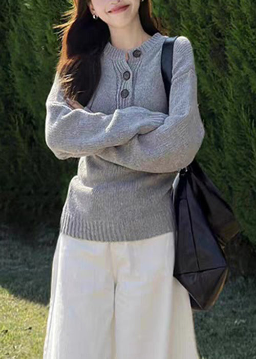 Classy Grey Button Cozy Knit Sweater Tops Fall