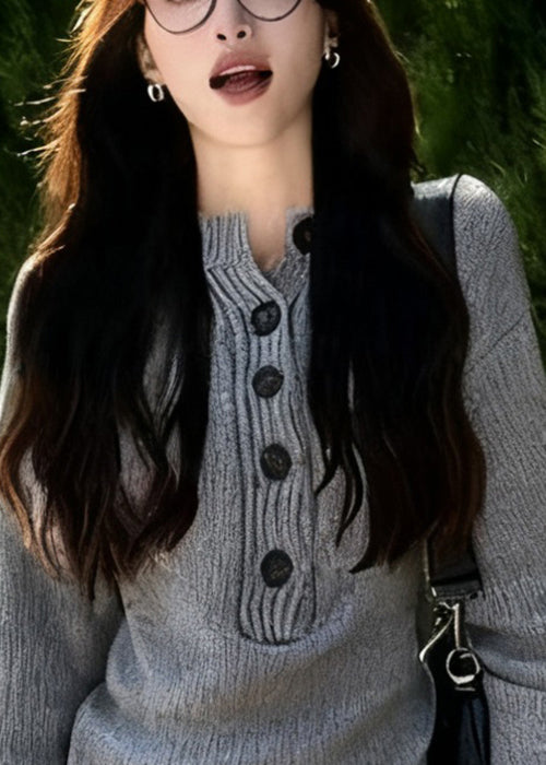 Classy Grey Button Cozy Knit Sweater Tops Fall
