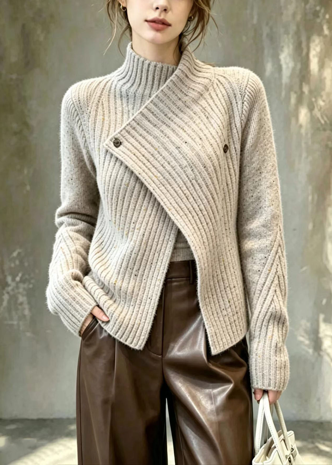 Classy Grey Camel Speckled Asymmetrical Knit Cardigan Fall