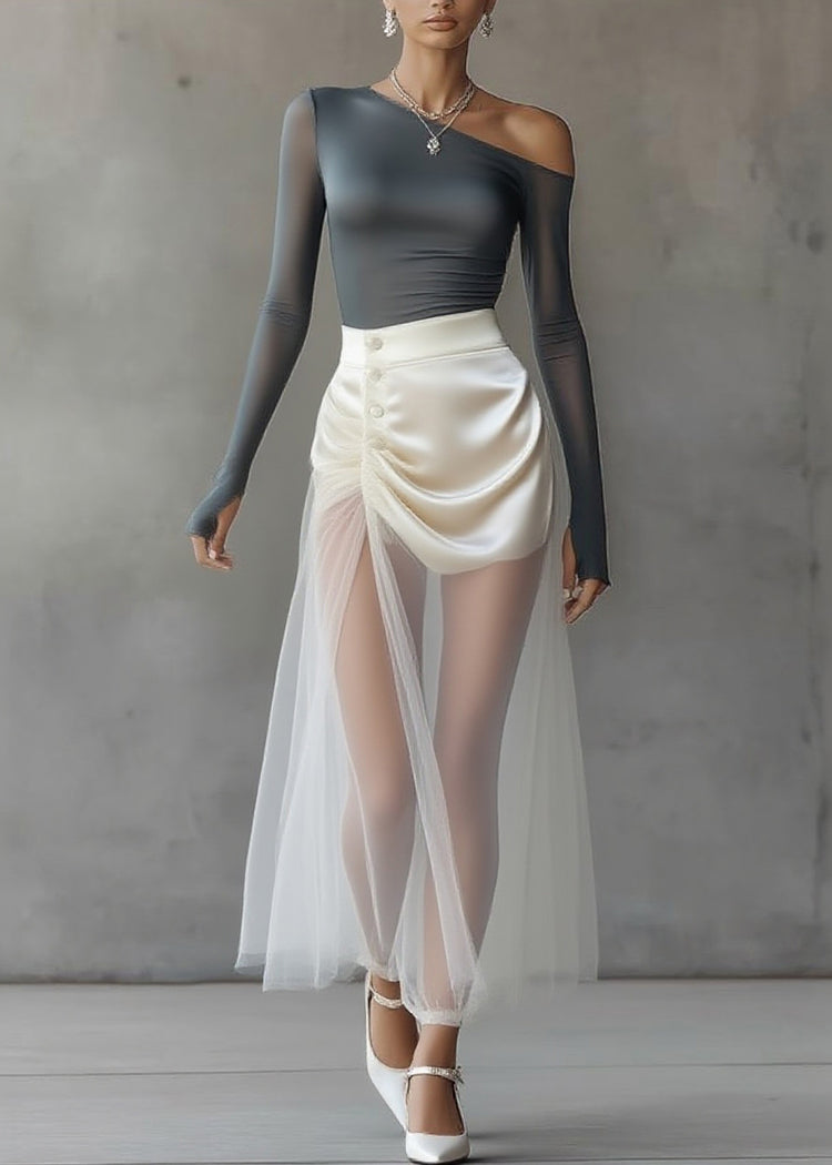 Classy Grey Cold Shoulder Top And Tulle Maxi Skirts Two Pieces Set Spring - Omychic