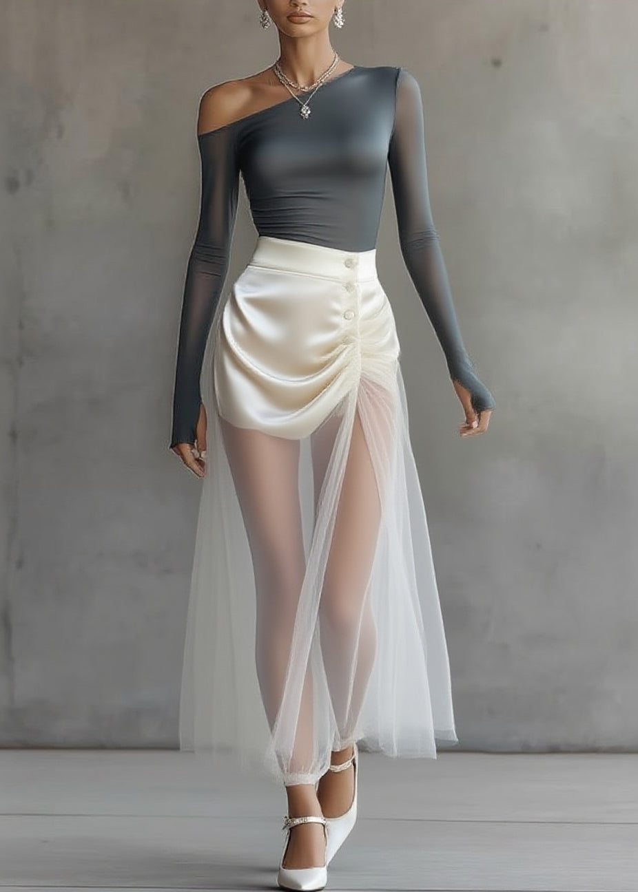 Classy Grey Cold Shoulder Top And Tulle Maxi Skirts Two Pieces Set Spring - Omychic