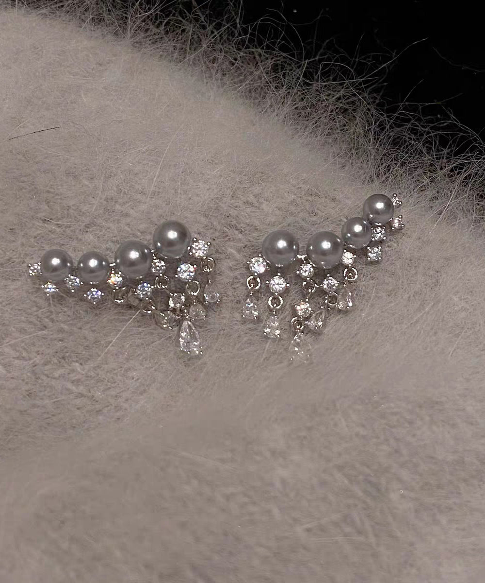 Classy Grey Copper Overgild Zircon Pearl Tassel Stud Earrings