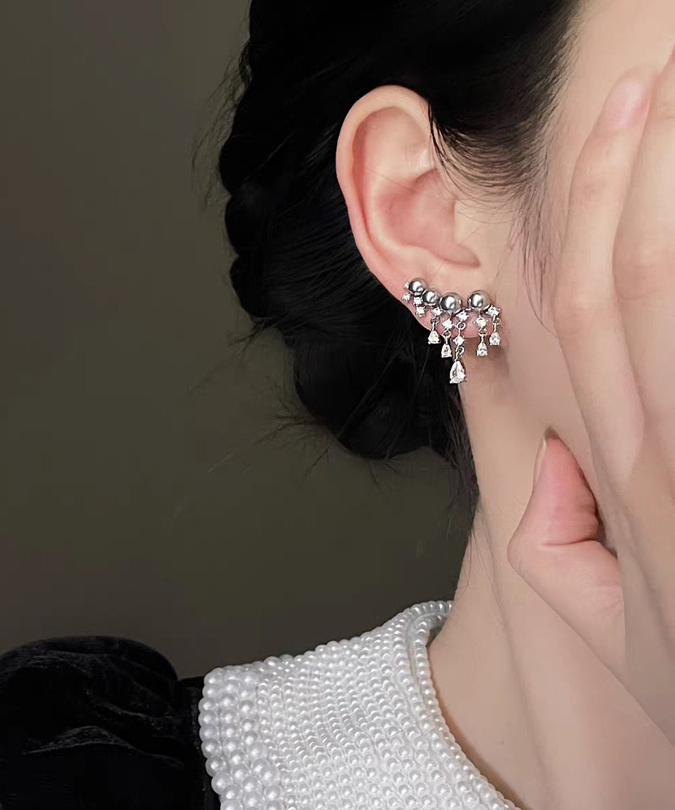 Classy Grey Copper Overgild Zircon Pearl Tassel Stud Earrings