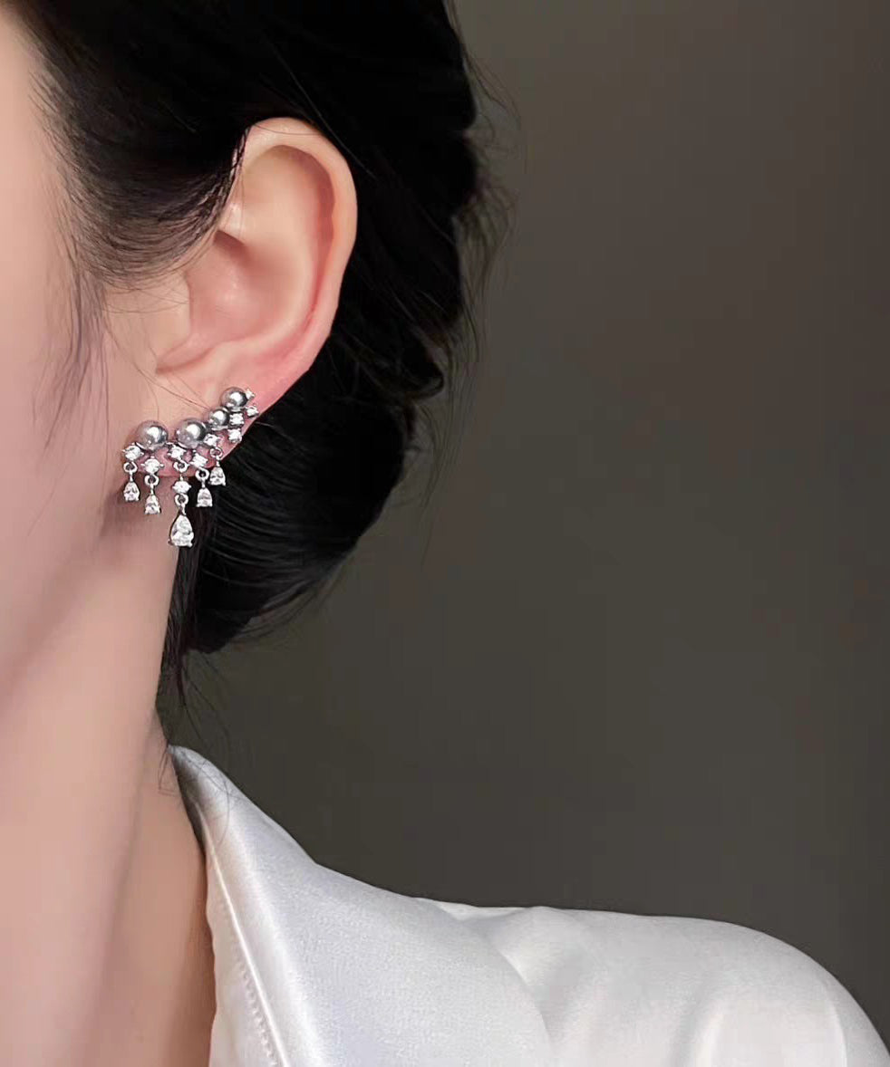 Classy Grey Copper Overgild Zircon Pearl Tassel Stud Earrings