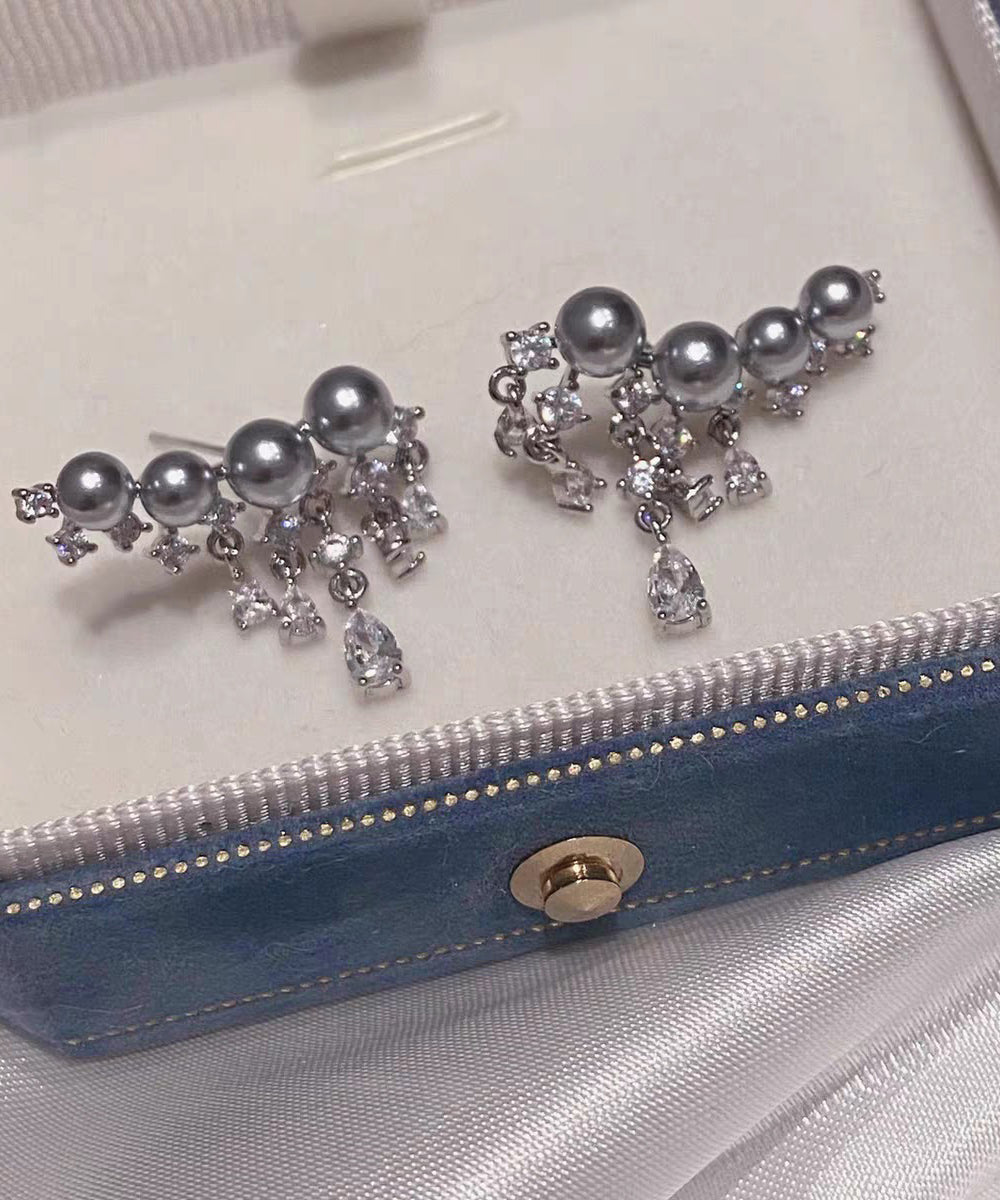 Classy Grey Copper Overgild Zircon Pearl Tassel Stud Earrings