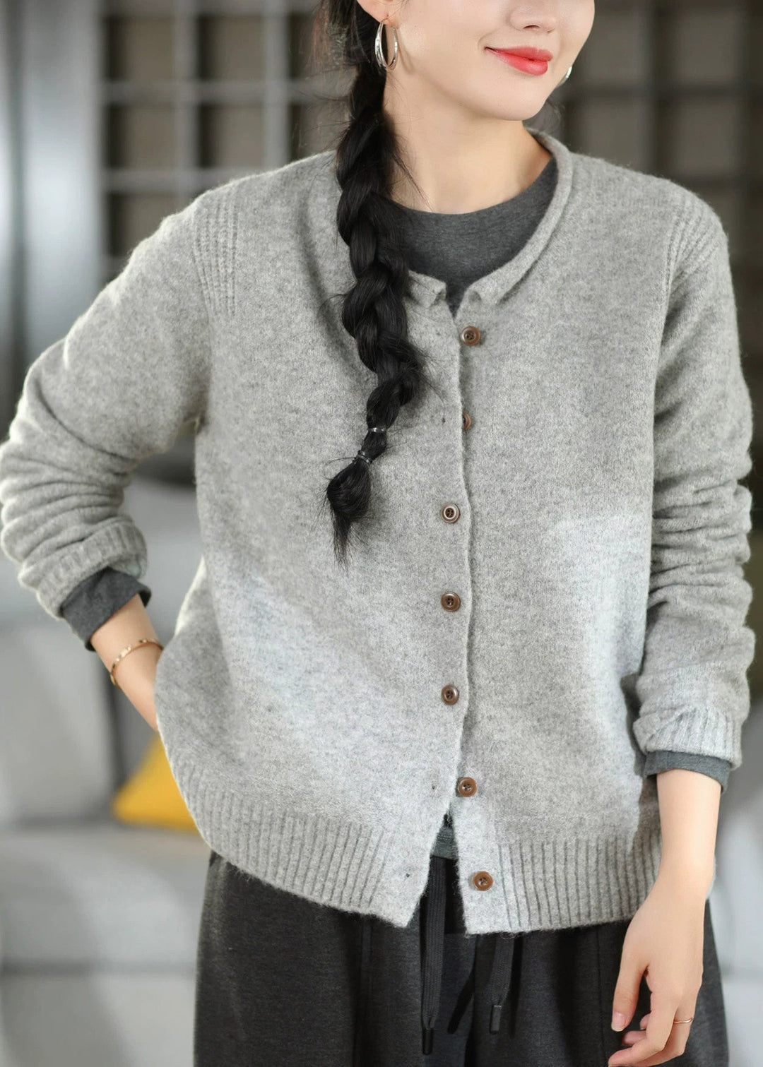 Classy Grey O-Neck Button Patchwork Knit Cardigans Fall