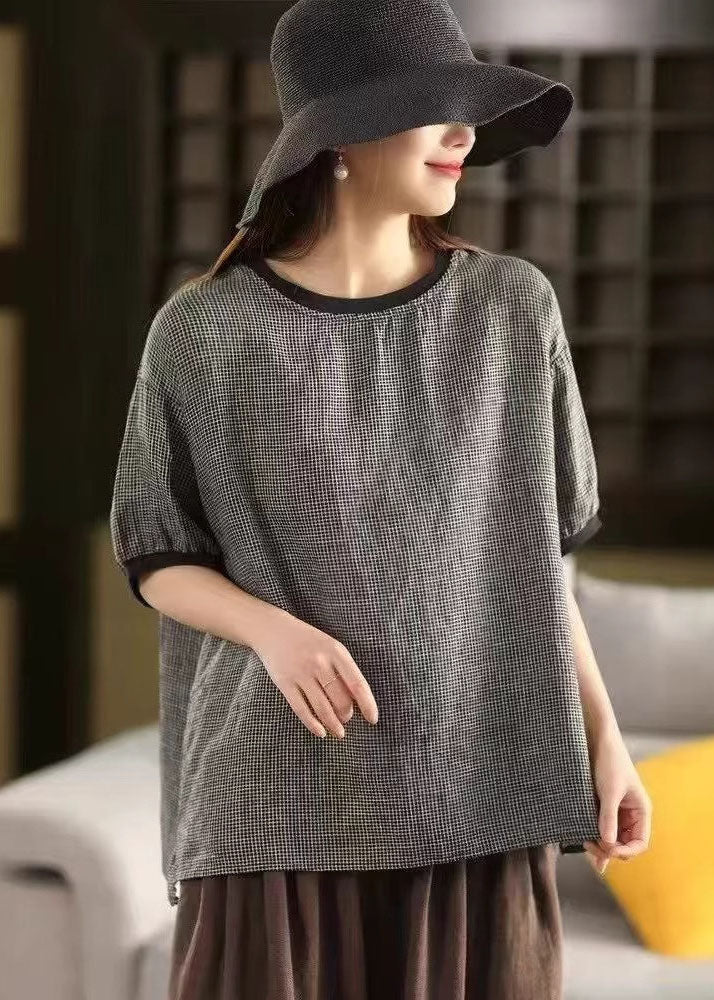 Classy Grey Oversized Plaid Linen Tanks Summer