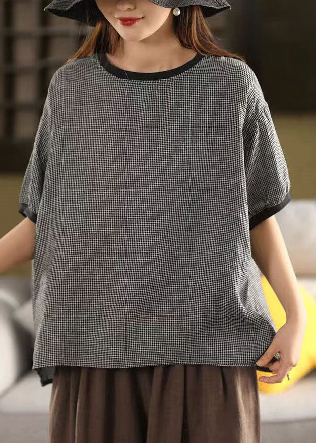 Classy Grey Oversized Plaid Linen Tanks Summer