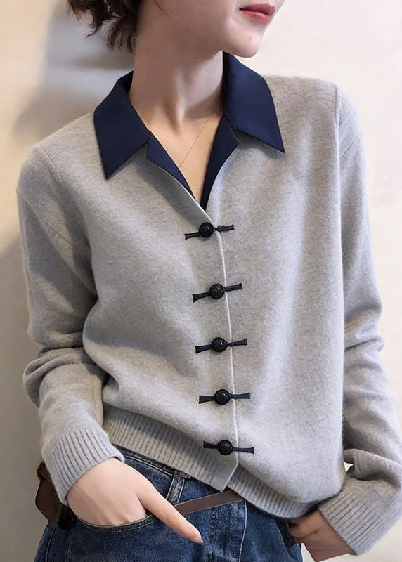 Classy Grey Peter Pan Collar Patchwork Button Cotton Knit Cardigans Spring