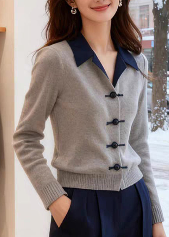 Classy Grey Peter Pan Collar Patchwork Button Cotton Knit Cardigans Spring